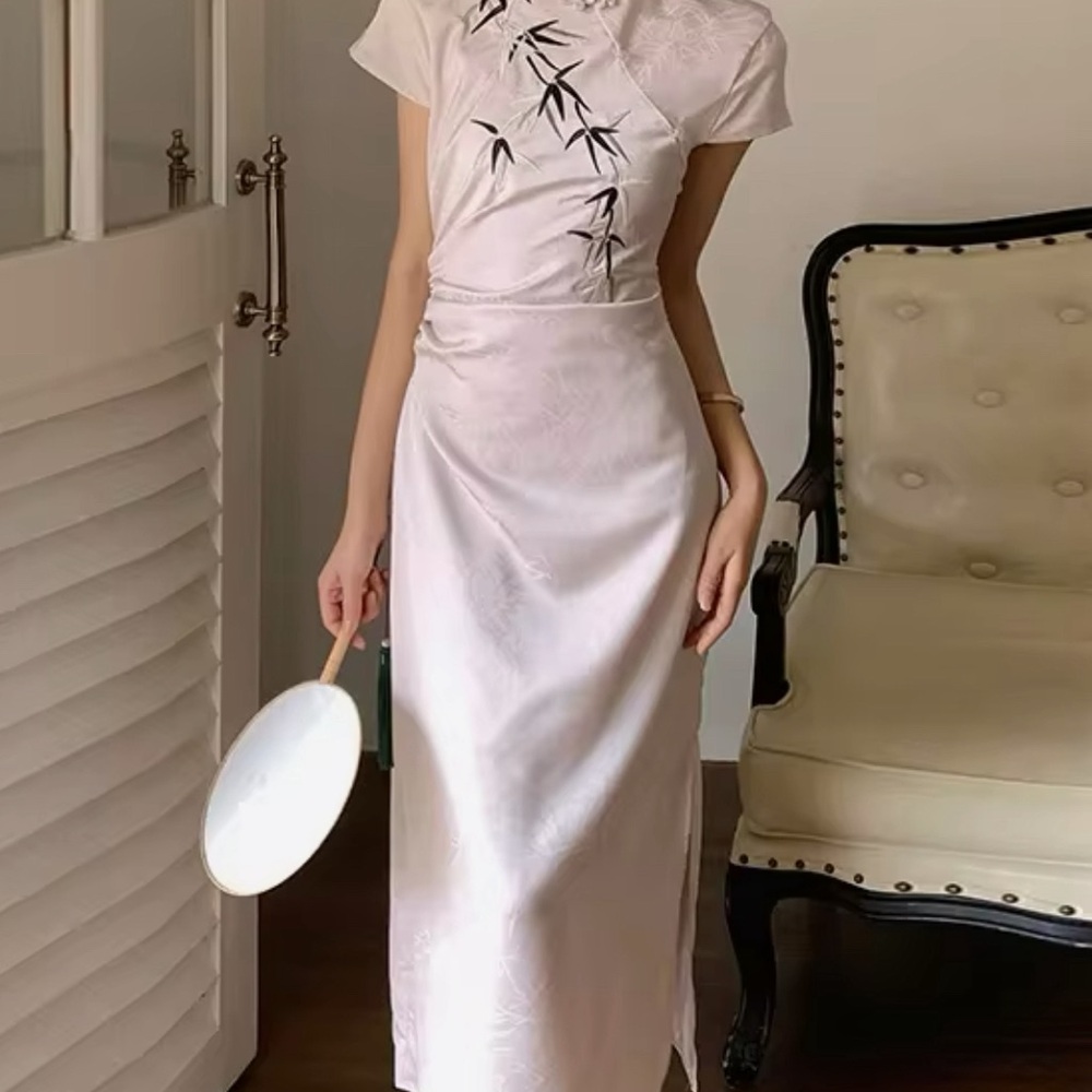 EUC- Traditional Chinese Mandarin Collar Bamboo Print on Print maxi Dress